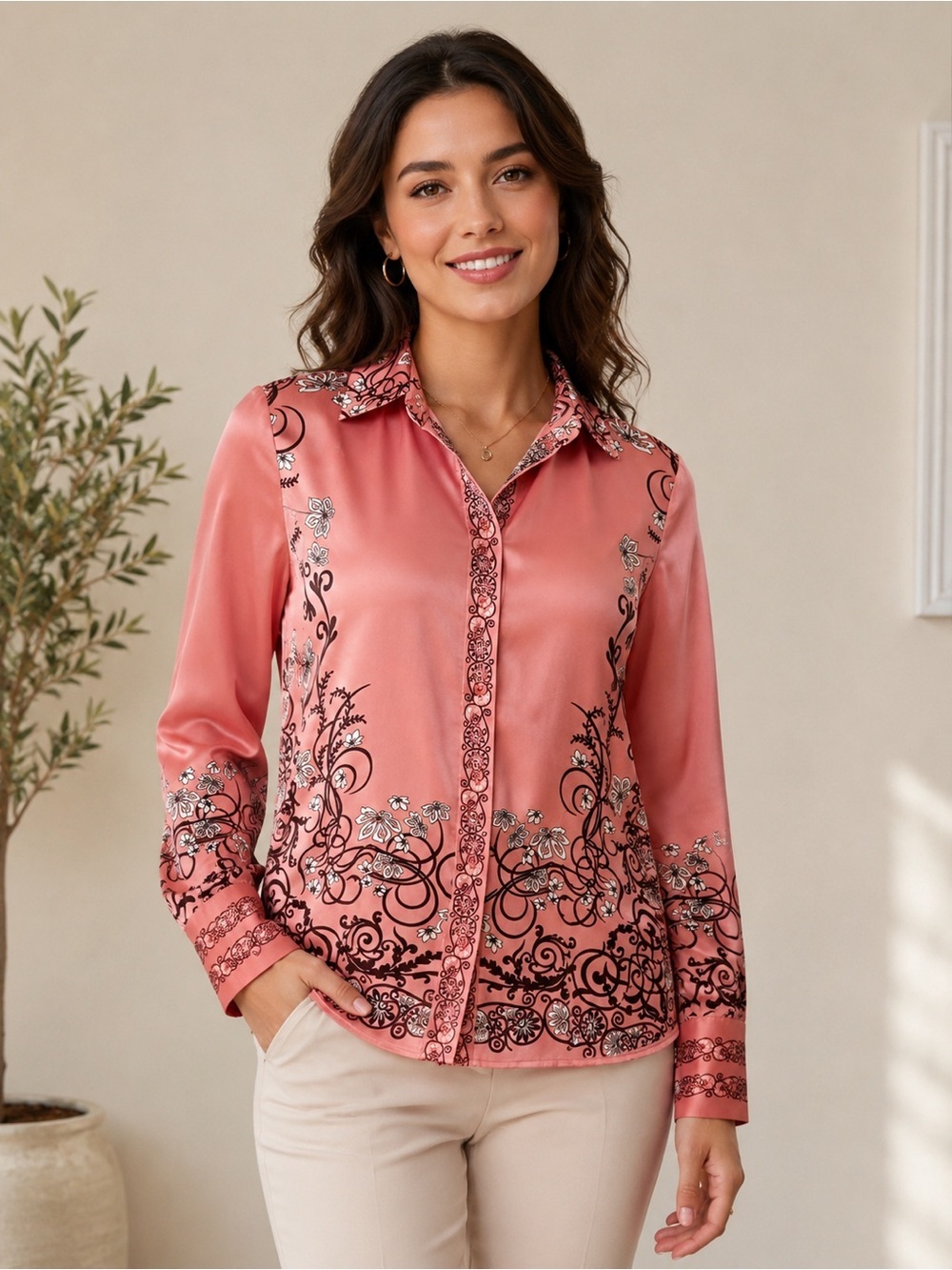 Rachel Zoe Rose Pink Satin Floral-Scroll Button Front Blouse